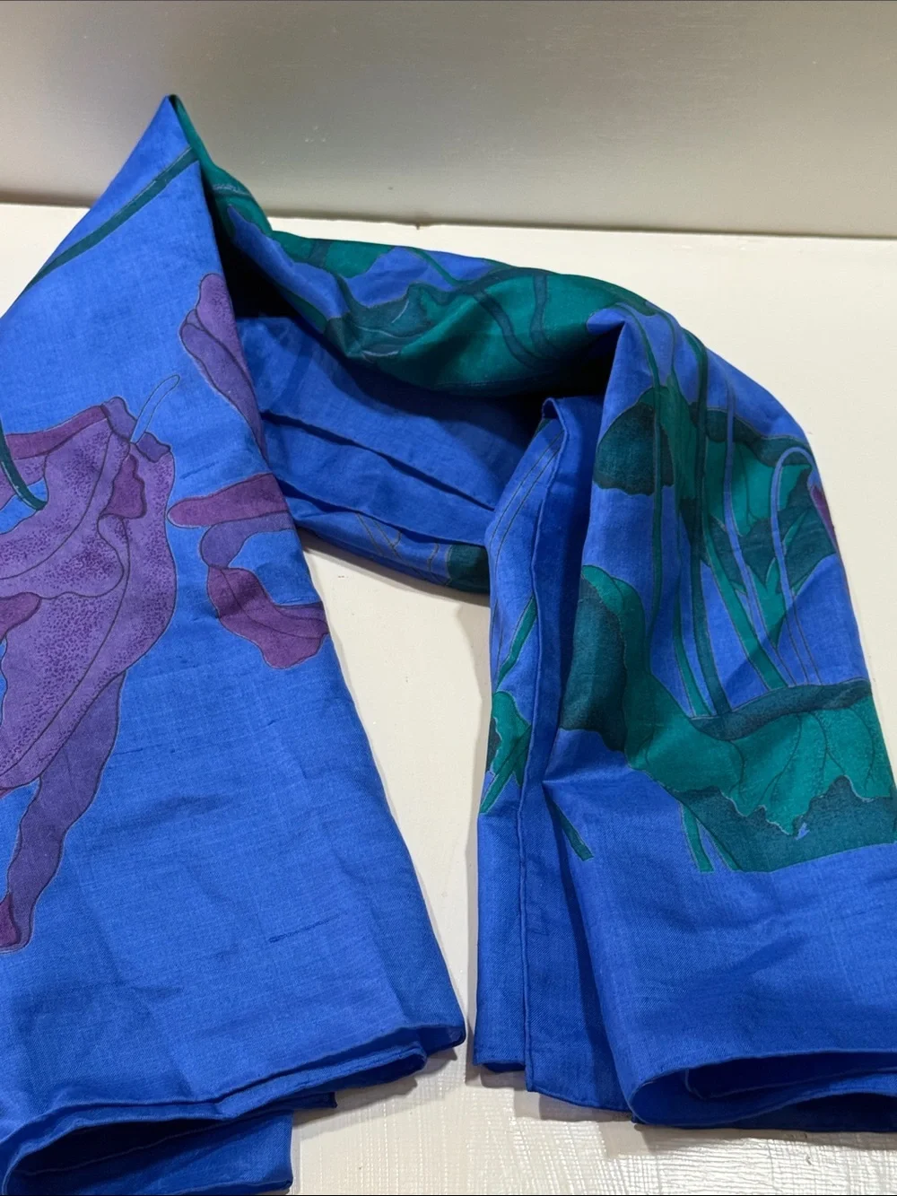 Vibrant Blue Floral Silk Scarf block printed stunning 35” by 36”